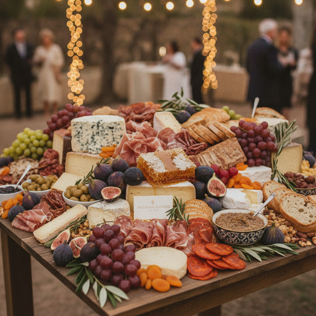 Luxurious artisanal charcuterie grazing table featuring fine artisan cheeses, cured meats, fresh figs, and honeycomb
