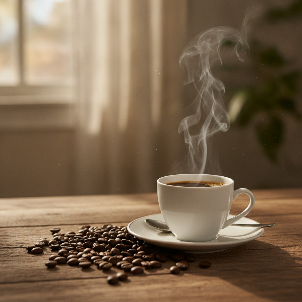 Premium artisan coffee beans and elegant espresso cup with steam rising in soft morning light