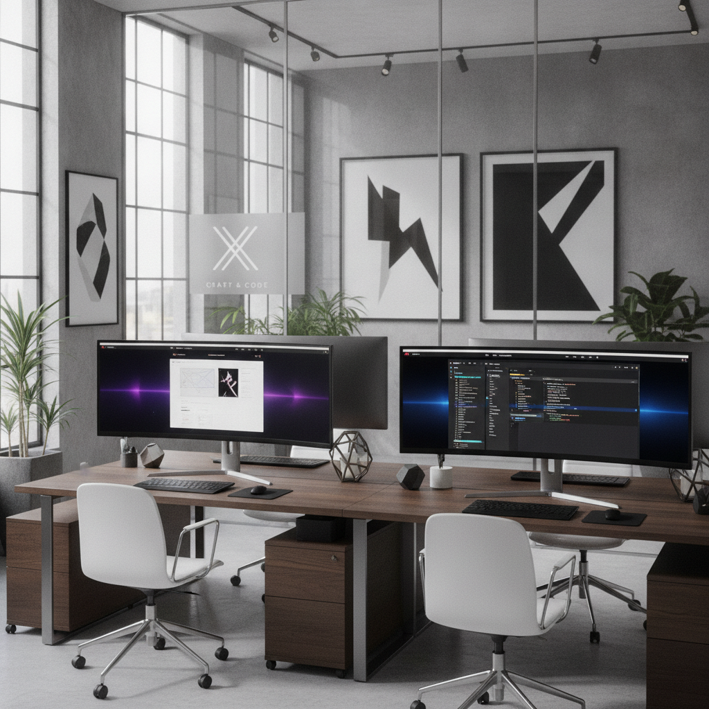 High-end modern web design agency workspace showcasing premium digital craftsmanship and sleek monitors