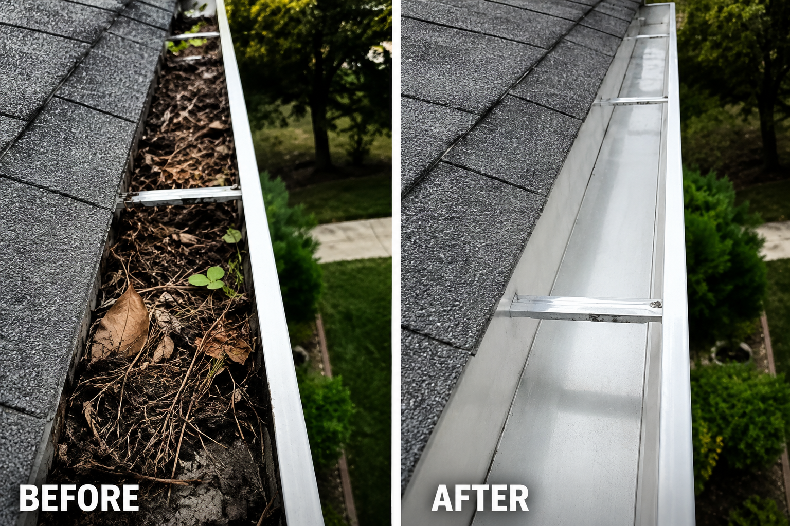 Before and after gutter cleaning showing debris removal from clogged gutters in Fort Collins Colorado